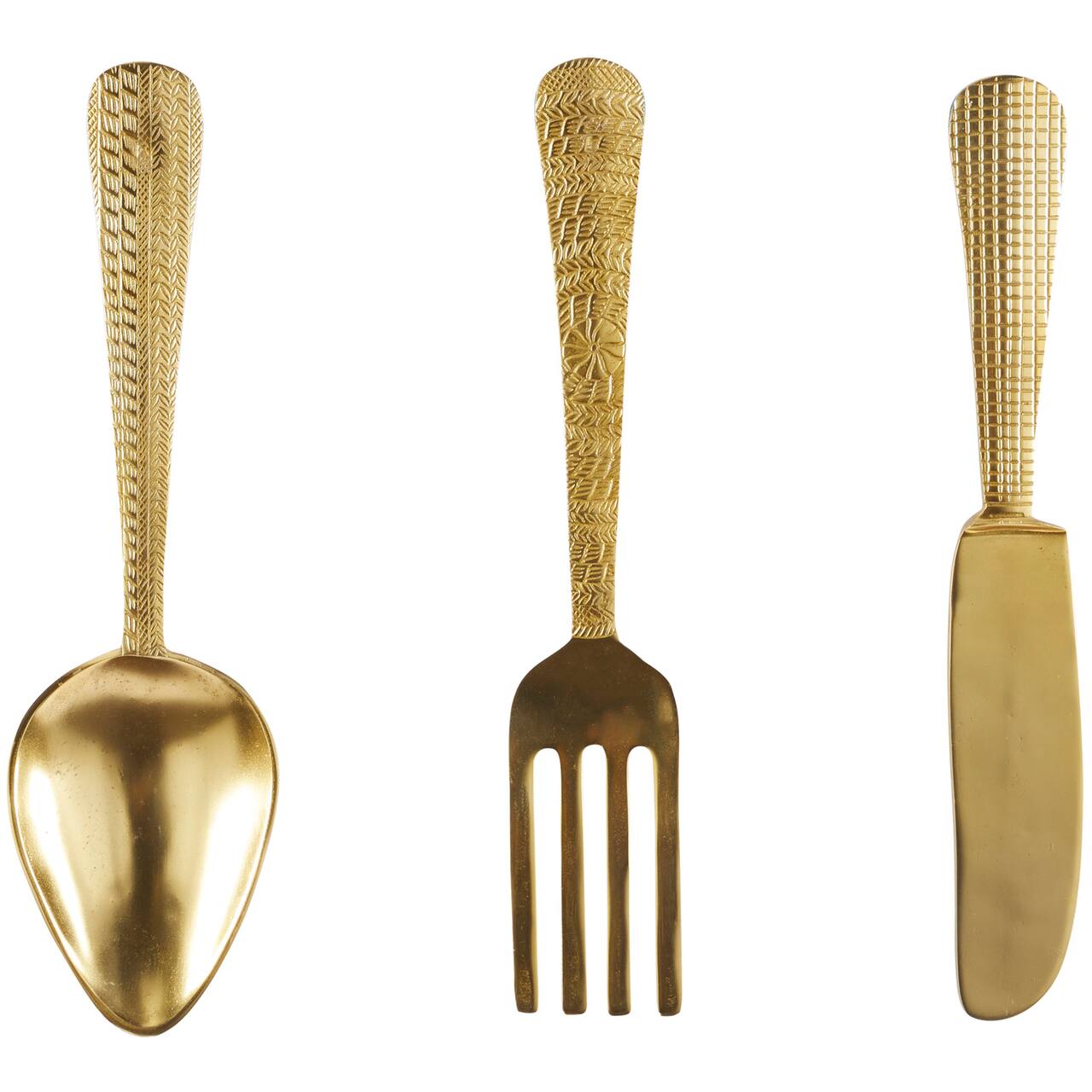 Gold Aluminum Knife, Spoon and Fork Utensils Wall Decor Set of 3 4", 23"